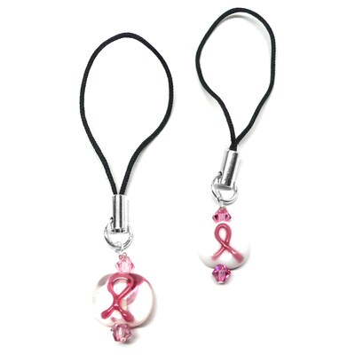Set of 2 Pink Ribbon Breast Cancer Awareness Lamp Work Glass Cell Phone Charms - image2